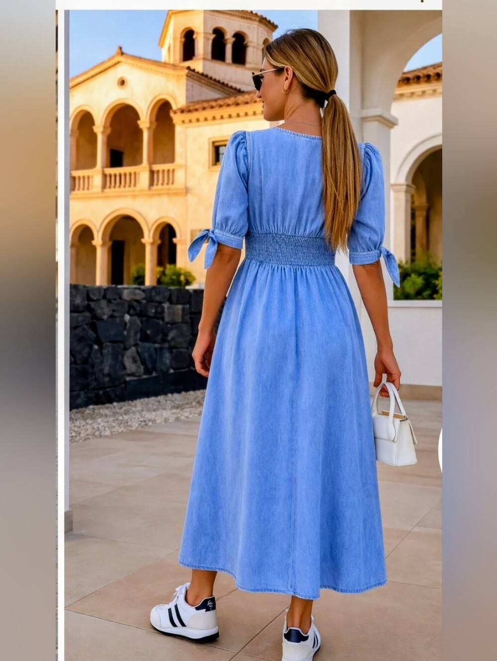 Light Blue Button-Front Maxi Dress with Tie Sleeves - Picture 2 of 4
